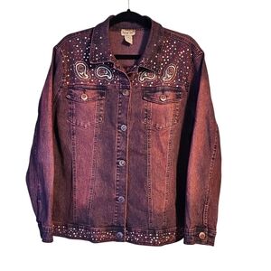 Midnight Velvet Red Rust Denim Embroidered Bling Jean Jacket size 1X